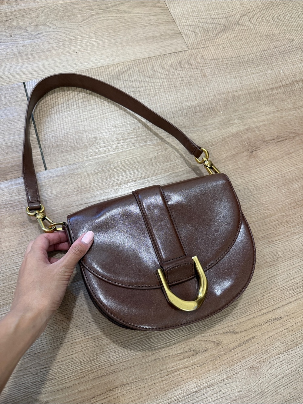 Charles & Keith Brown Leather Shoulder Saddle Bag with Gold Hardware